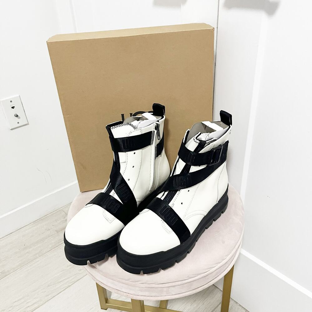 NEW Ugg White Sidnee Leather Combat Boots Size 10